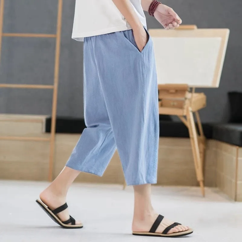 2025 New Summer Men Casual Pants Ice Silk Thin Solid Color Cropped Pants Fashion Hip Hop Street Sweatpants Male Loose Trousers