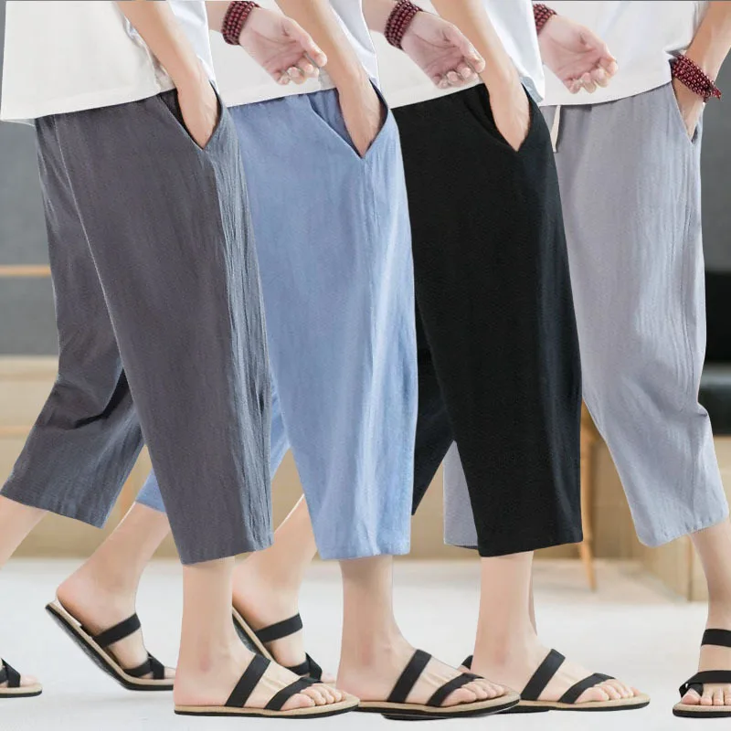 2025 New Summer Men Casual Pants Ice Silk Thin Solid Color Cropped Pants Fashion Hip Hop Street Sweatpants Male Loose Trousers