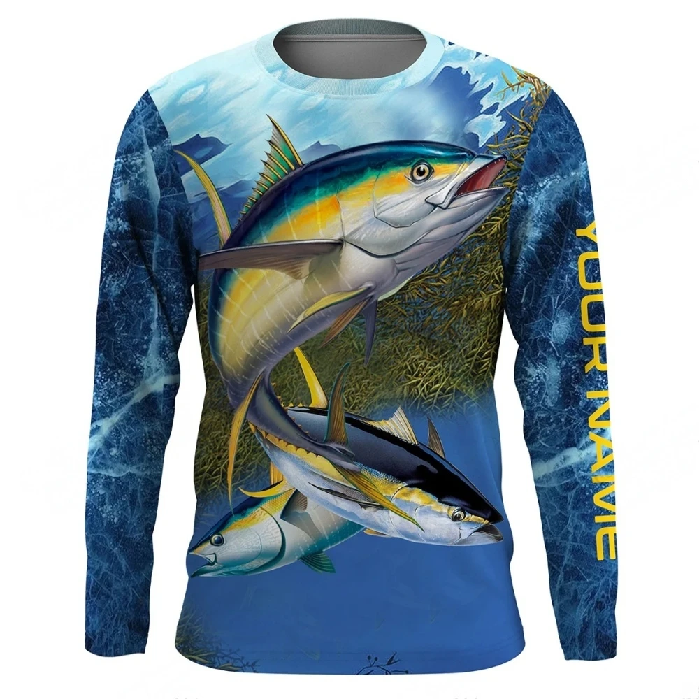 Men Blue Fishing 3D Print Long Sleeve T-shirt Breathable Performance Fashion Tops Tees Fishing Lover Tshirt Mens Clothing