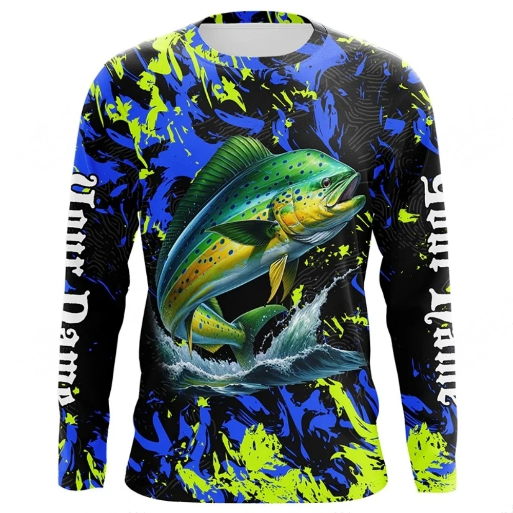 Men Blue Fishing 3D Print Long Sleeve T-shirt Breathable Performance Fashion Tops Tees Fishing Lover Tshirt Mens Clothing