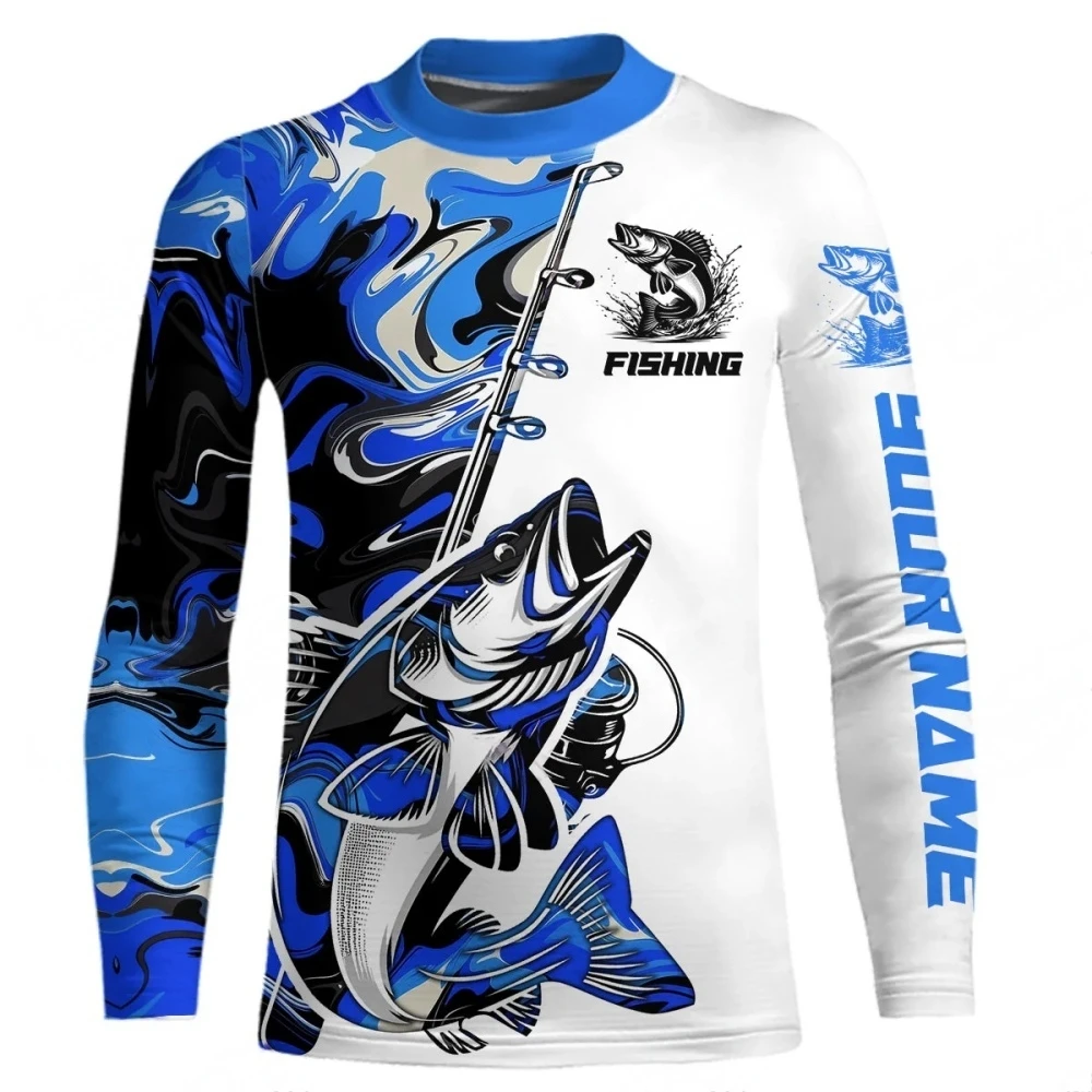 Men Blue Fishing 3D Print Long Sleeve T-shirt Breathable Performance Fashion Tops Tees Fishing Lover Tshirt Mens Clothing