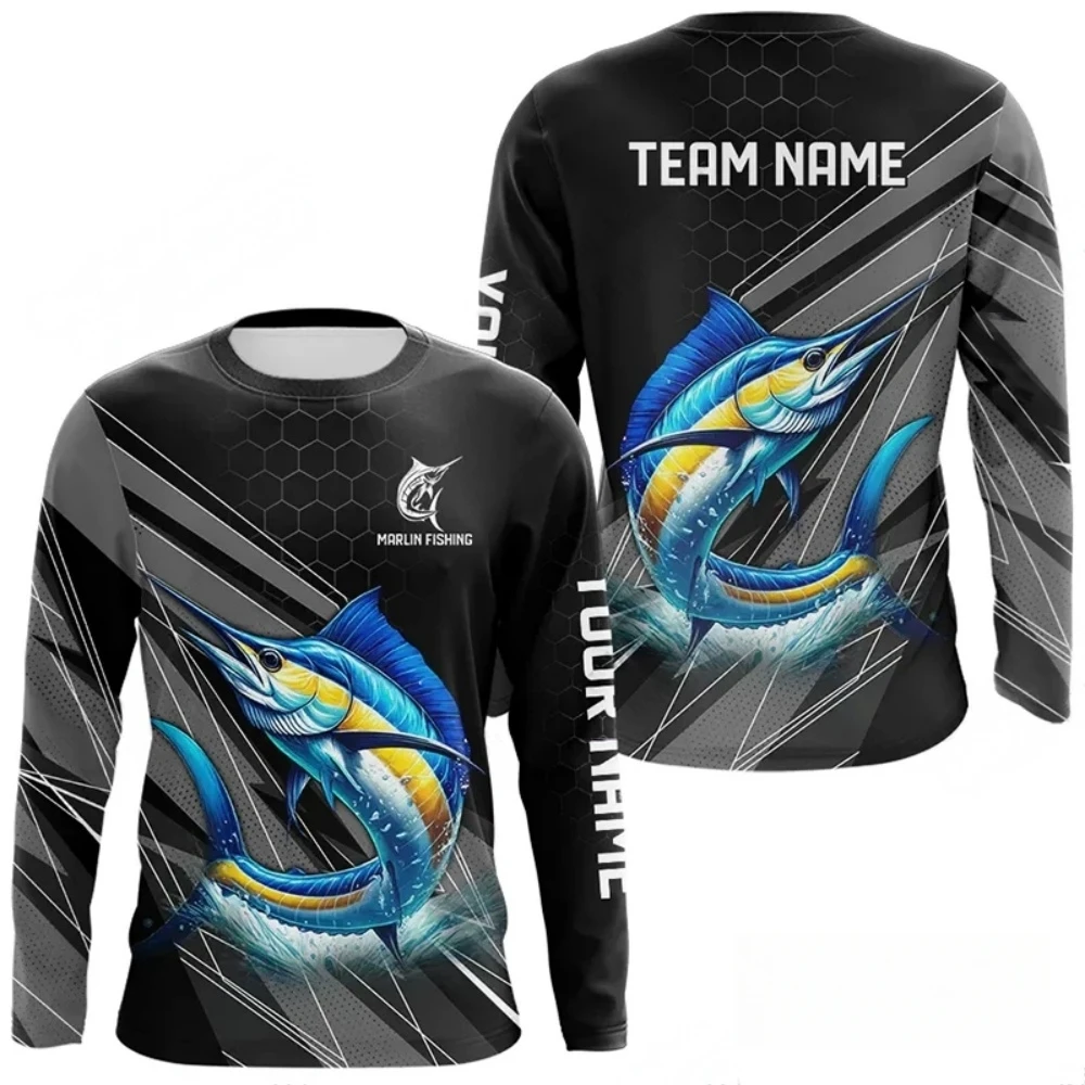 Men Blue Fishing 3D Print Long Sleeve T-shirt Breathable Performance Fashion Tops Tees Fishing Lover Tshirt Mens Clothing