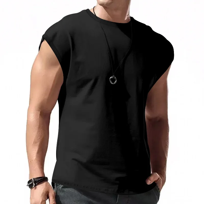 Men's Loose Short Sleeve T-Shirt round Neck Sleeveless Casual Breathable Summer Sports Basic Vest
