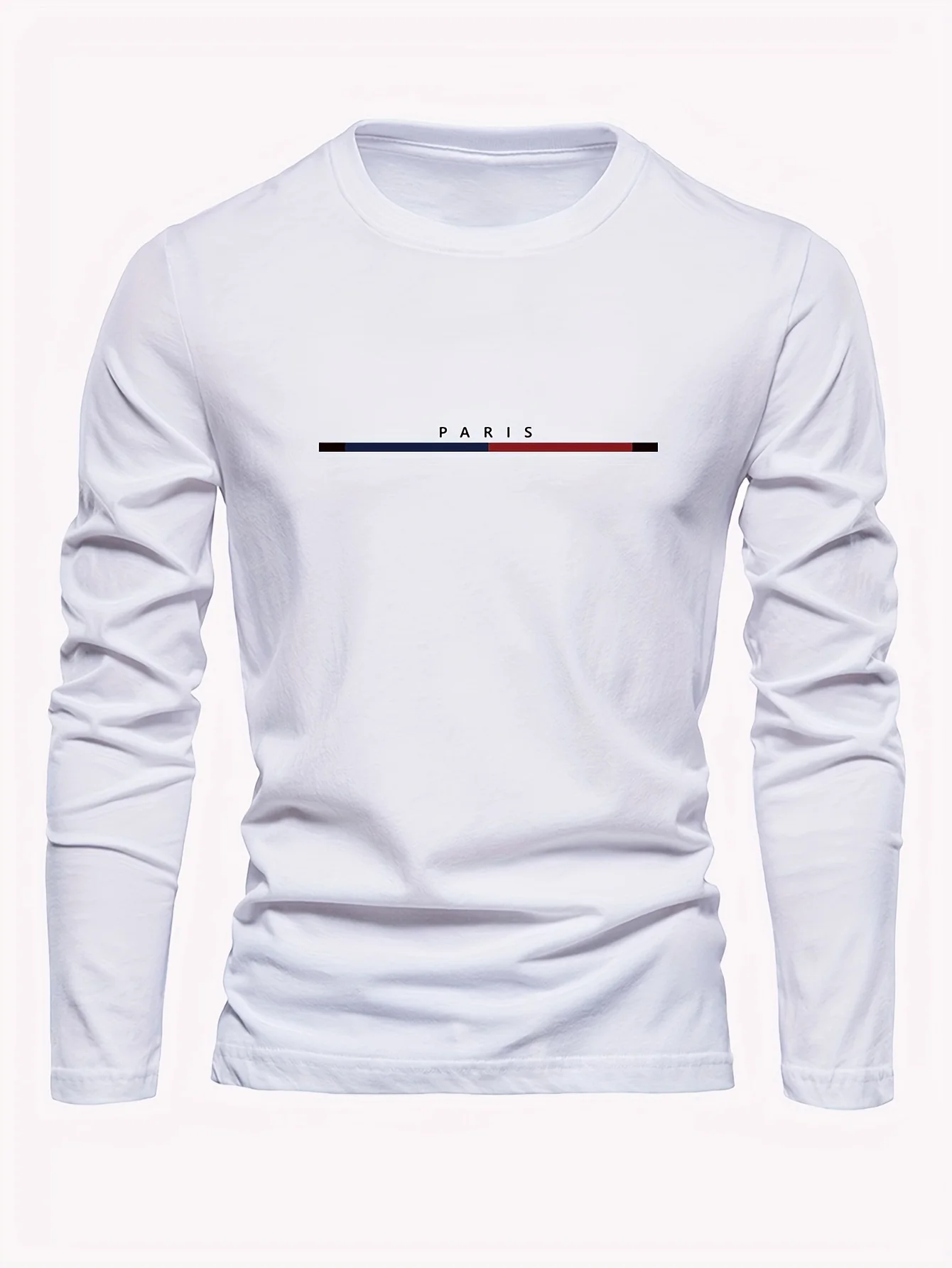 Men's 100% Pure Cotton Summer Loose Comfortable Casual PARIS Print Large Round Neck Long Sleeve T-Shirt Top