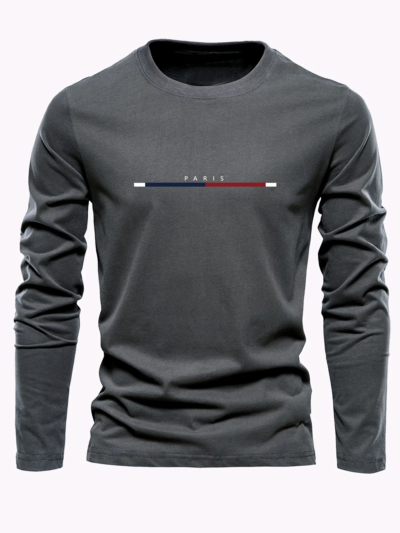 Men's 100% Pure Cotton Summer Loose Comfortable Casual PARIS Print Large Round Neck Long Sleeve T-Shirt Top