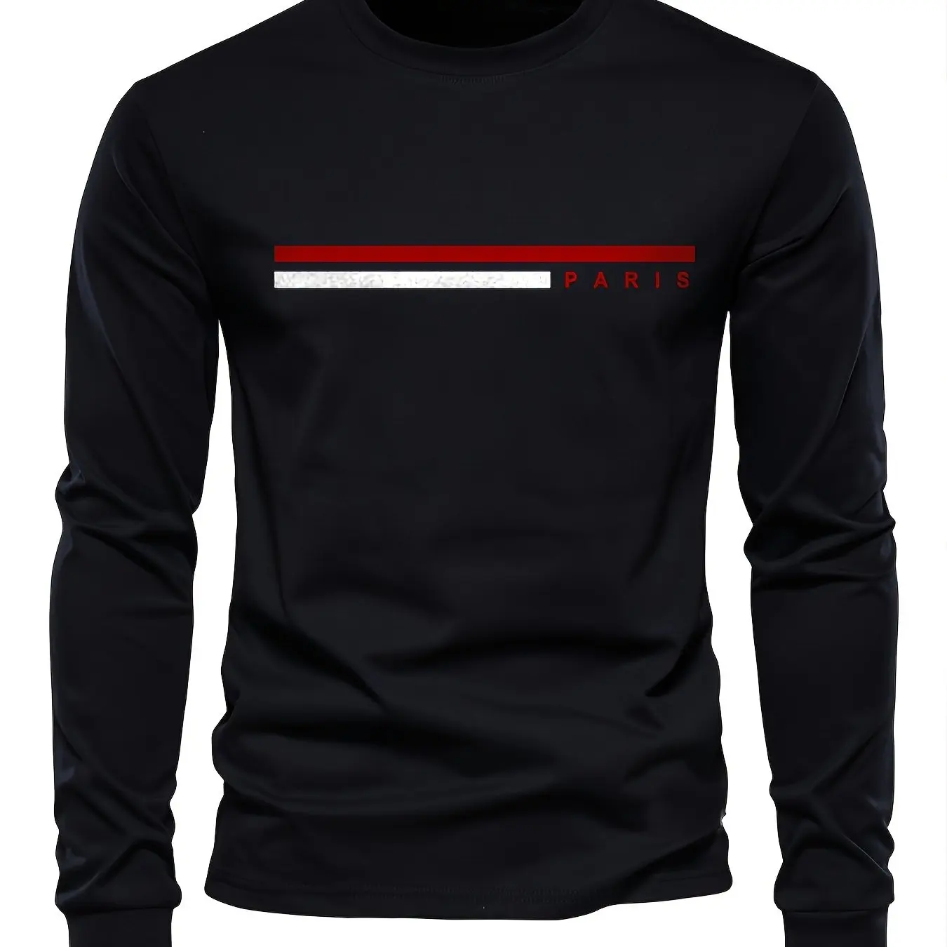 Men's 100% Pure Cotton Summer Loose Comfortable Casual PARIS Print Large Round Neck Long Sleeve T-Shirt Top