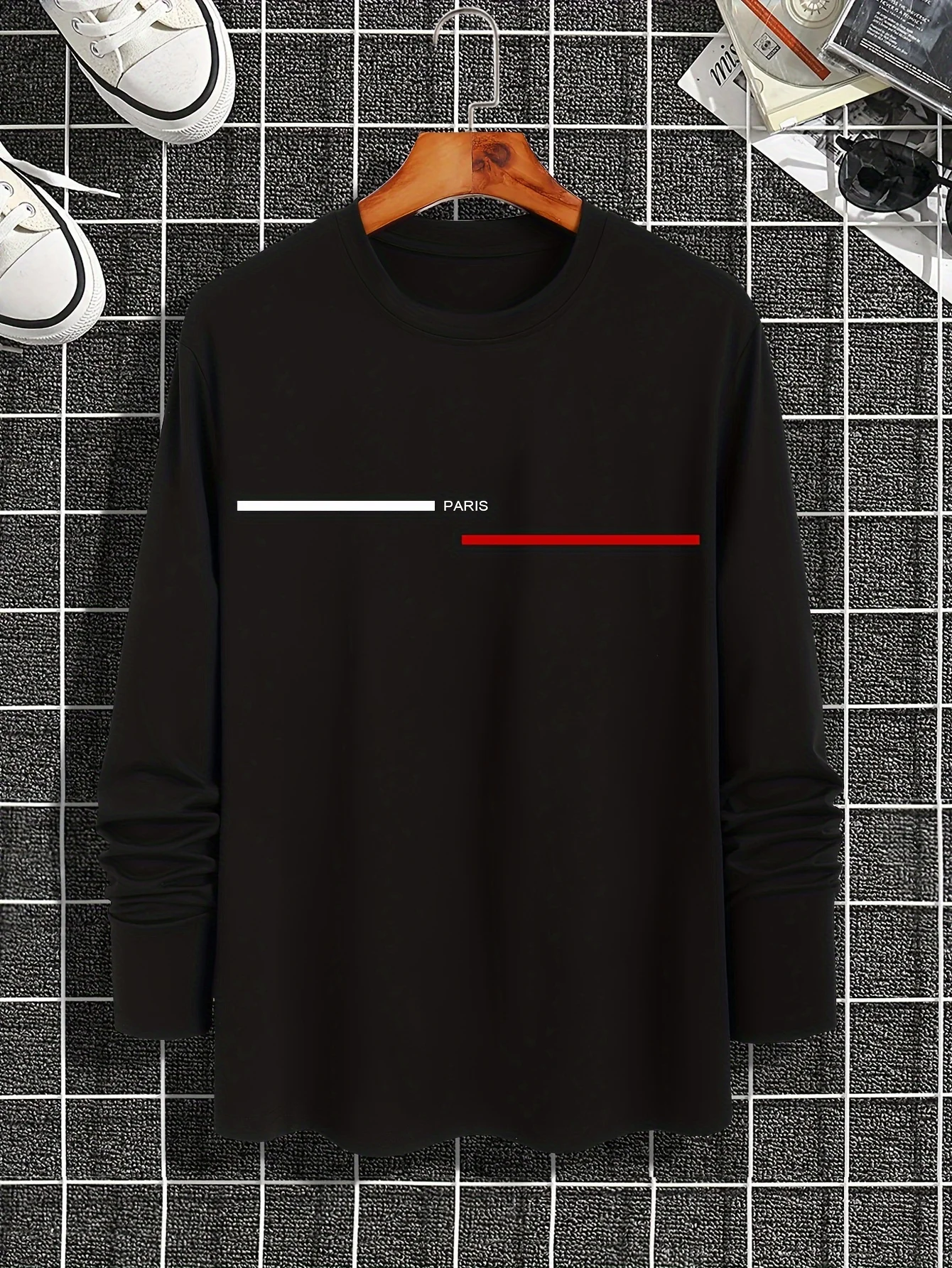 Men's 100% Pure Cotton Summer Loose Comfortable Casual PARIS Print Large Round Neck Long Sleeve T-Shirt Top