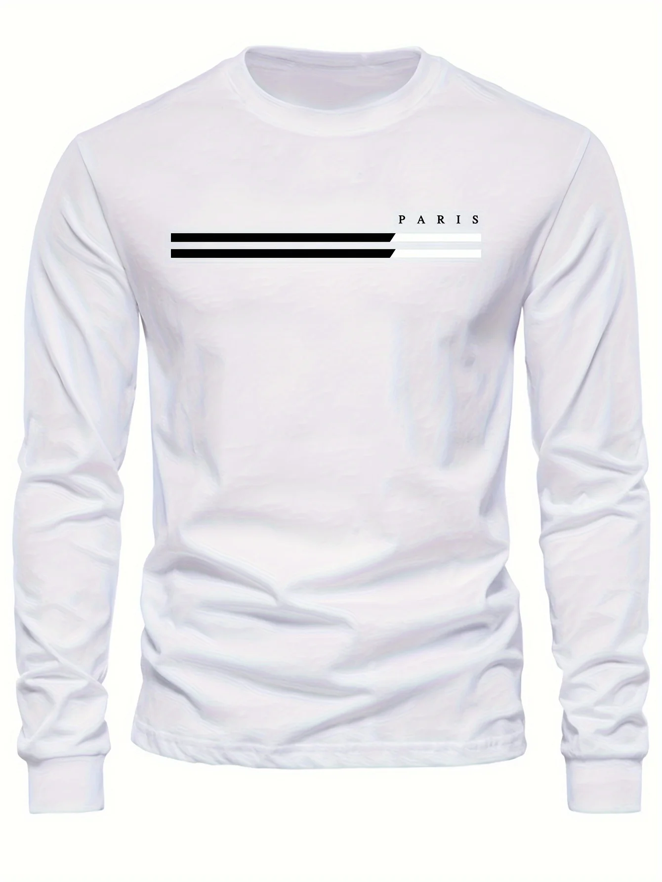 Men's 100% Pure Cotton Summer Loose Comfortable Casual PARIS Print Large Round Neck Long Sleeve T-Shirt Top