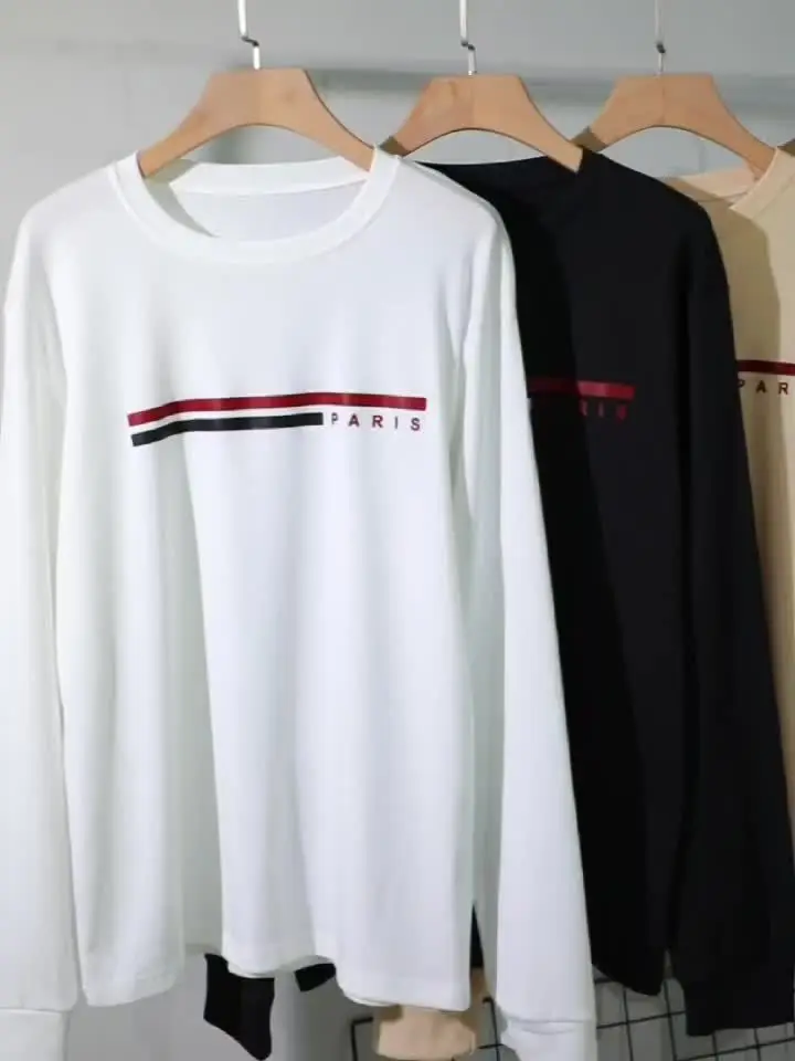 Men's 100% Pure Cotton Summer Loose Comfortable Casual PARIS Print Large Round Neck Long Sleeve T-Shirt Top
