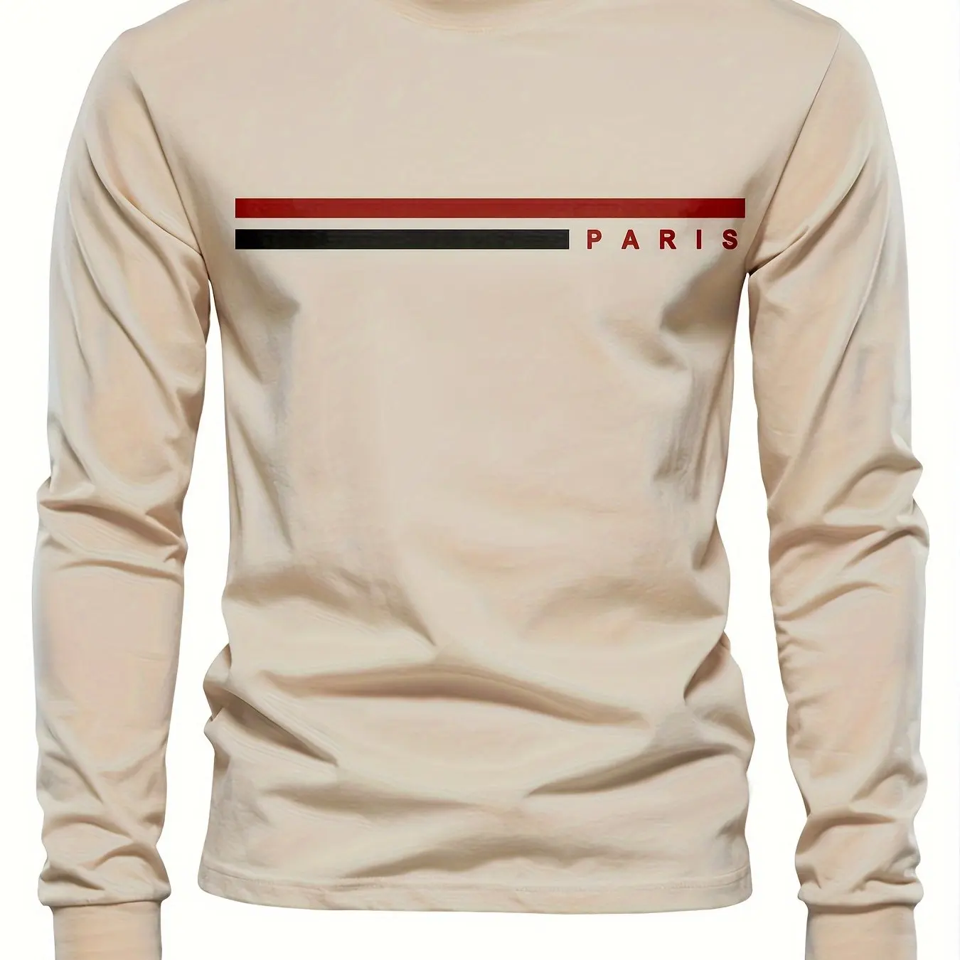Men's 100% Pure Cotton Summer Loose Comfortable Casual PARIS Print Large Round Neck Long Sleeve T-Shirt Top
