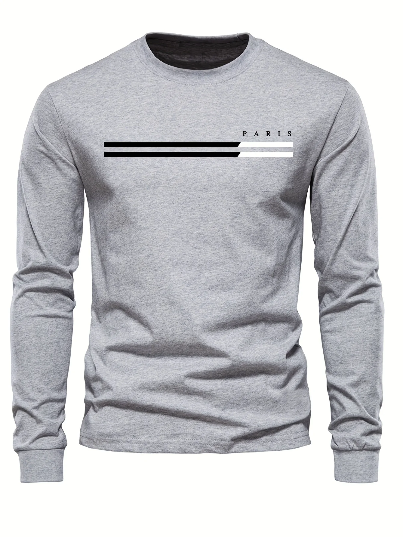 Men's 100% Pure Cotton Summer Loose Comfortable Casual PARIS Print Large Round Neck Long Sleeve T-Shirt Top