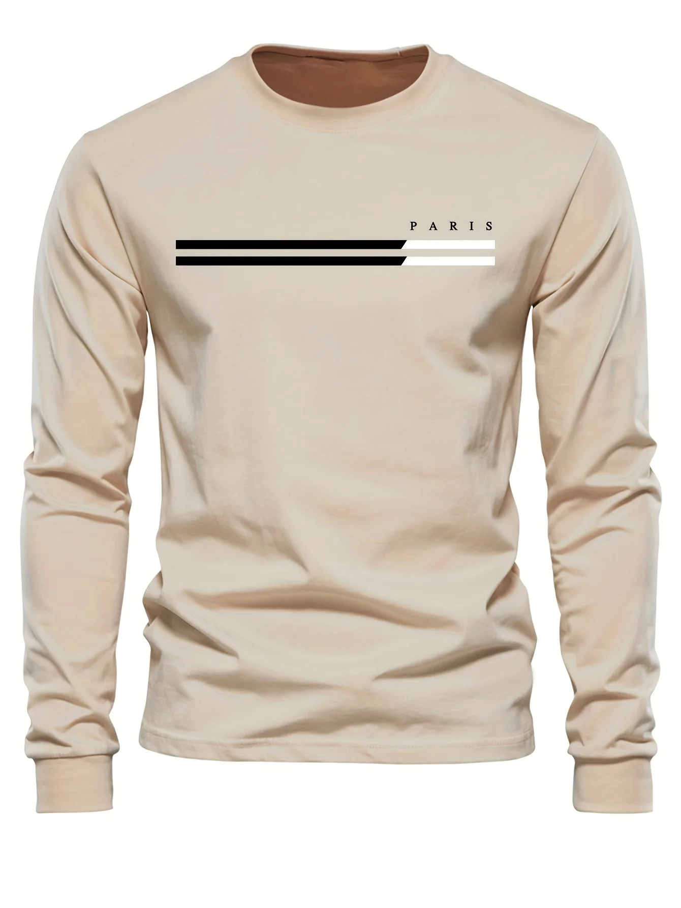 Men's 100% Pure Cotton Summer Loose Comfortable Casual PARIS Print Large Round Neck Long Sleeve T-Shirt Top