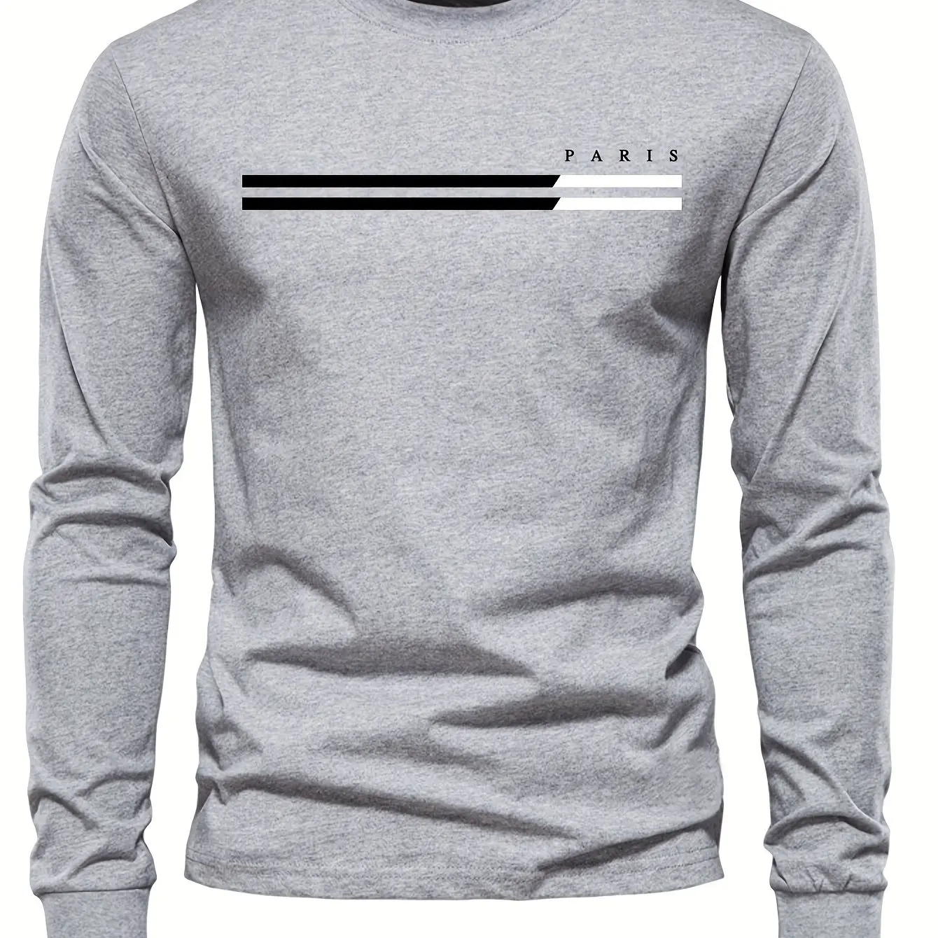 Men's 100% Pure Cotton Summer Loose Comfortable Casual PARIS Print Large Round Neck Long Sleeve T-Shirt Top