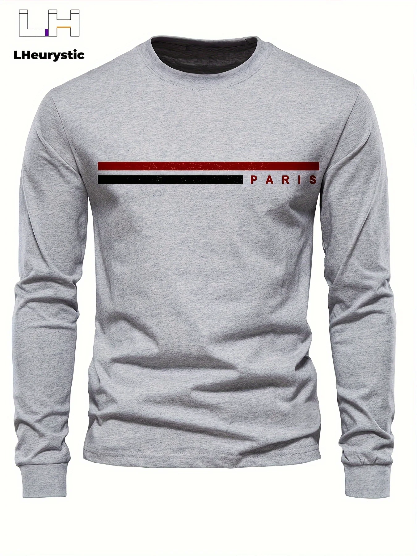 Men's 100% Pure Cotton Summer Loose Comfortable Casual PARIS Print Large Round Neck Long Sleeve T-Shirt Top