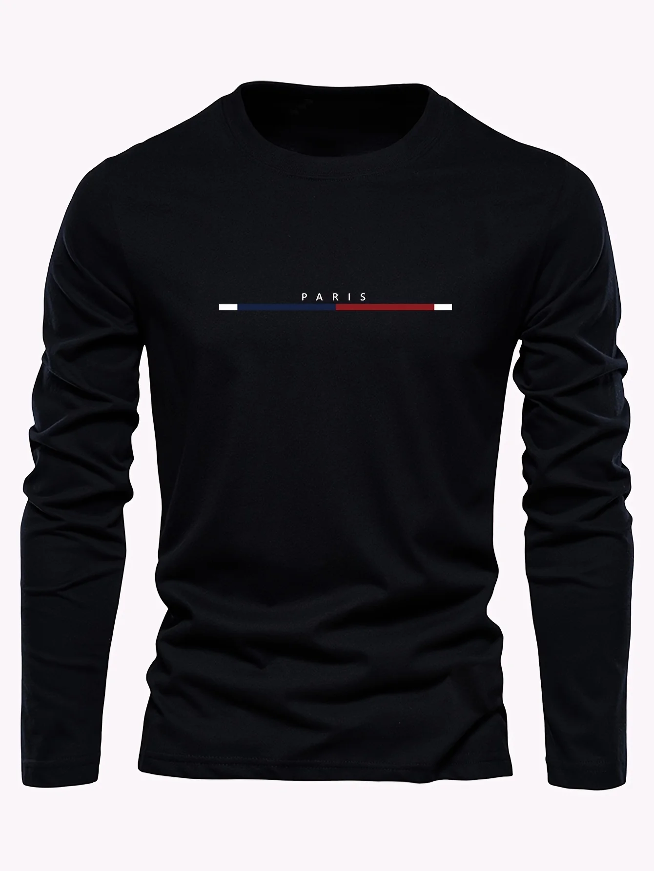 Men's 100% Pure Cotton Summer Loose Comfortable Casual PARIS Print Large Round Neck Long Sleeve T-Shirt Top