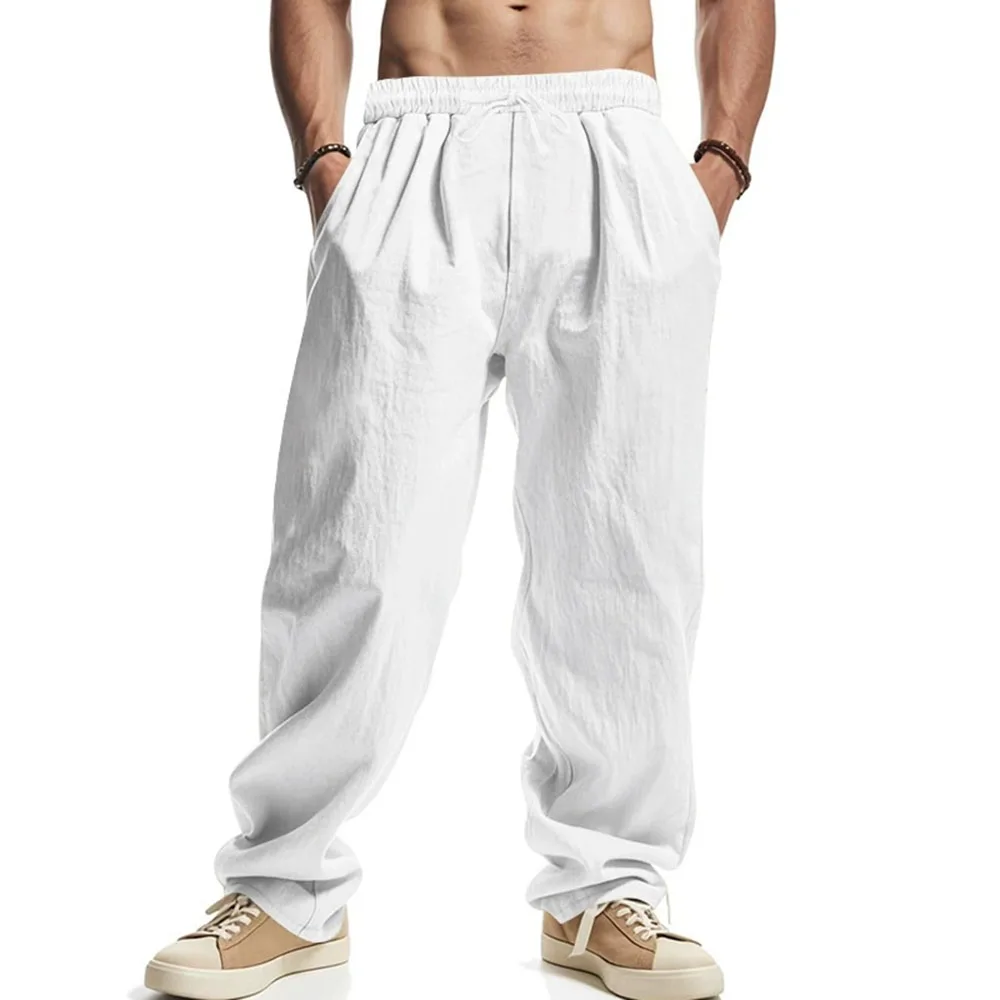 Men's Straight Leg Pants Cotton Linen Breathable Pants Lightweight Beach Hawaiian Style Lightweight Trousers Casual Sweatpants
