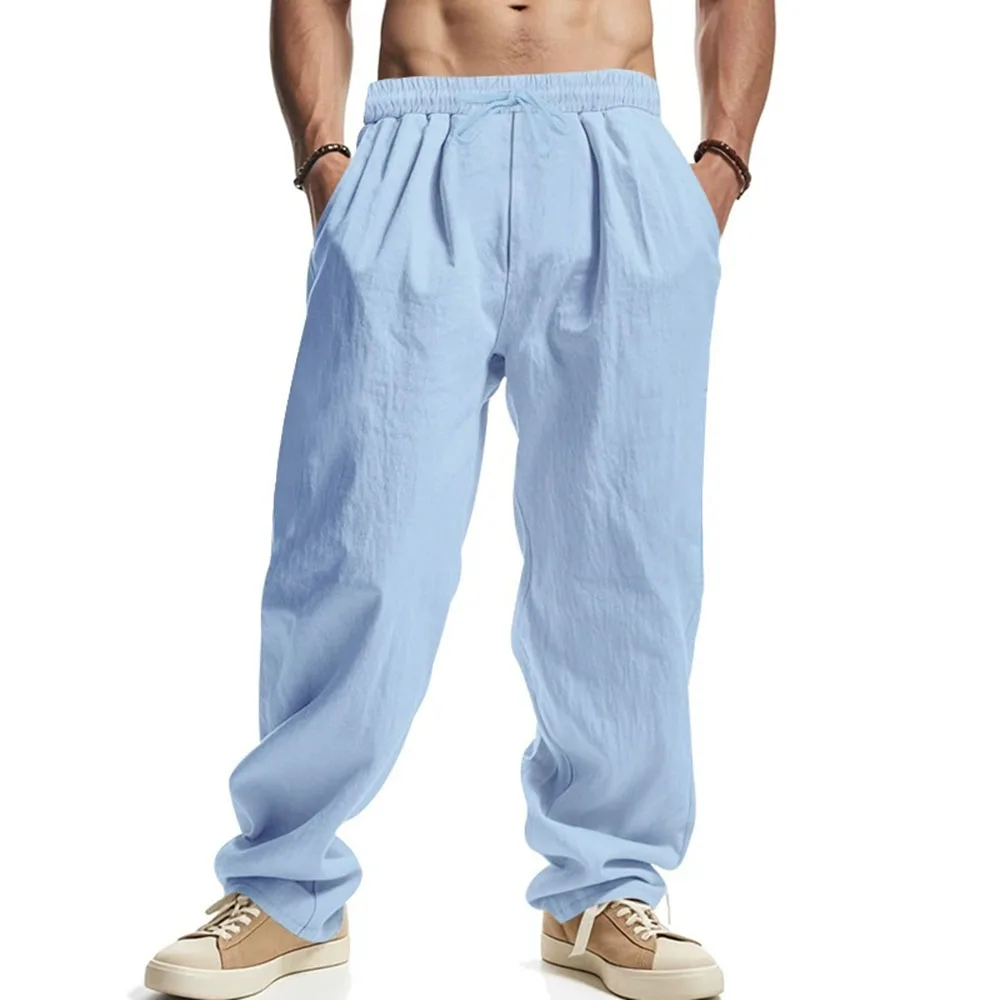 Men's Straight Leg Pants Cotton Linen Breathable Pants Lightweight Beach Hawaiian Style Lightweight Trousers Casual Sweatpants