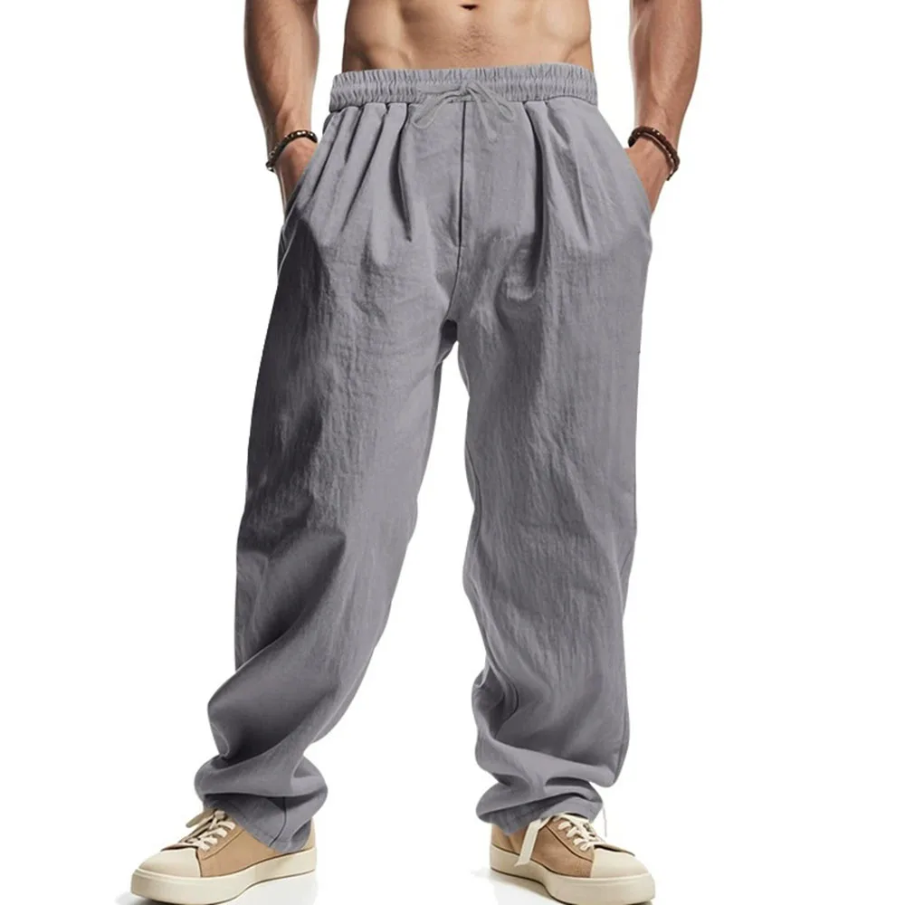 Men's Straight Leg Pants Cotton Linen Breathable Pants Lightweight Beach Hawaiian Style Lightweight Trousers Casual Sweatpants