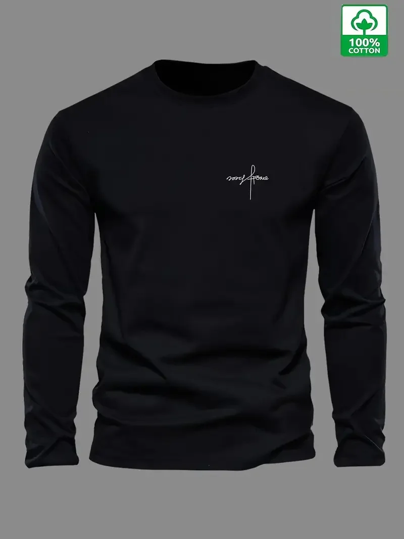 Men's 100% Pure Cotton Loose and Comfortable Sports and Leisure Letter Printed Round Neck Long Sleeved T-Shirt Top