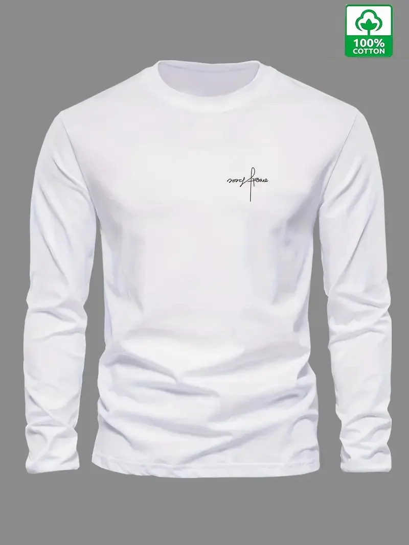 Men's 100% Pure Cotton Loose and Comfortable Sports and Leisure Letter Printed Round Neck Long Sleeved T-Shirt Top