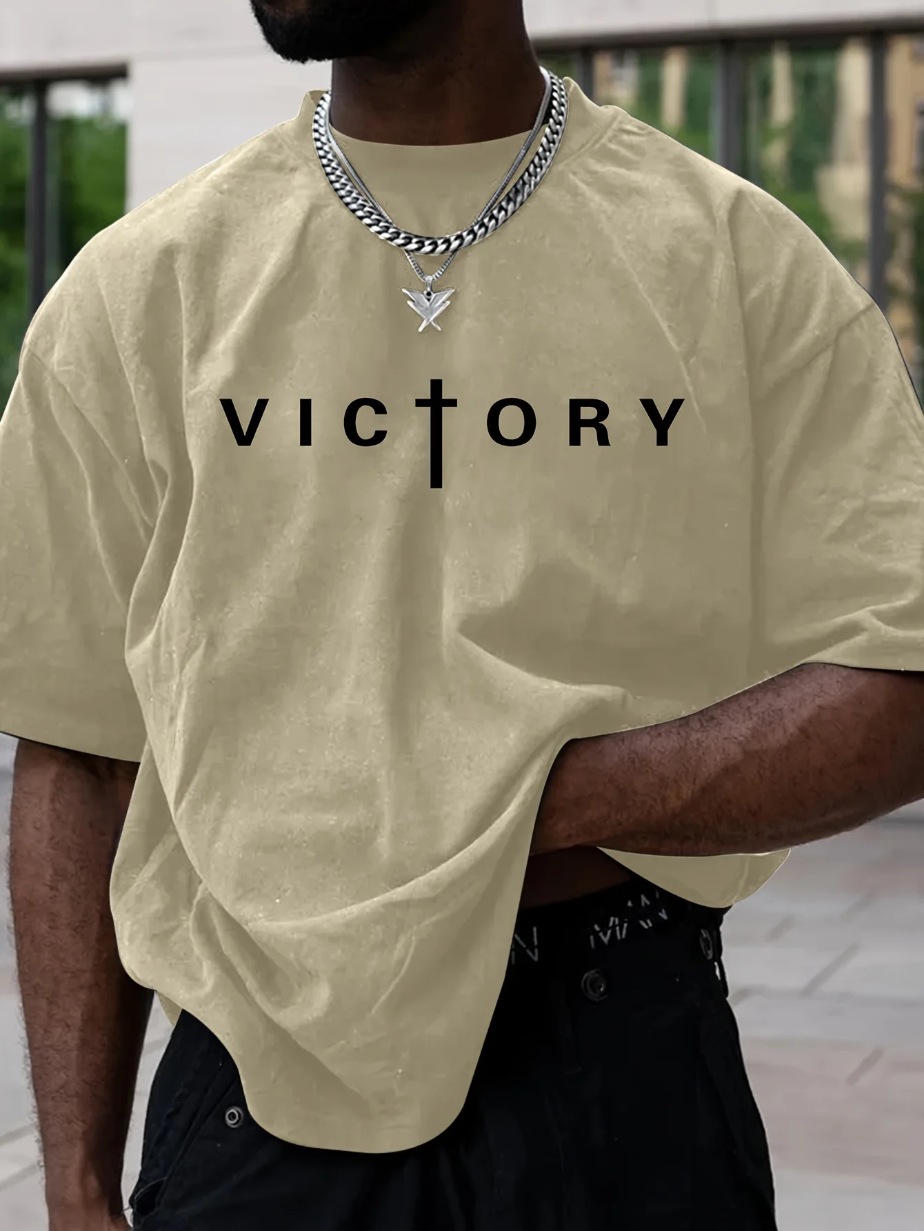Men's Summer Fashion Victory Print Sports Casual Short Sleeved T-Shirt Outdoor Casual Sports Versatile Top