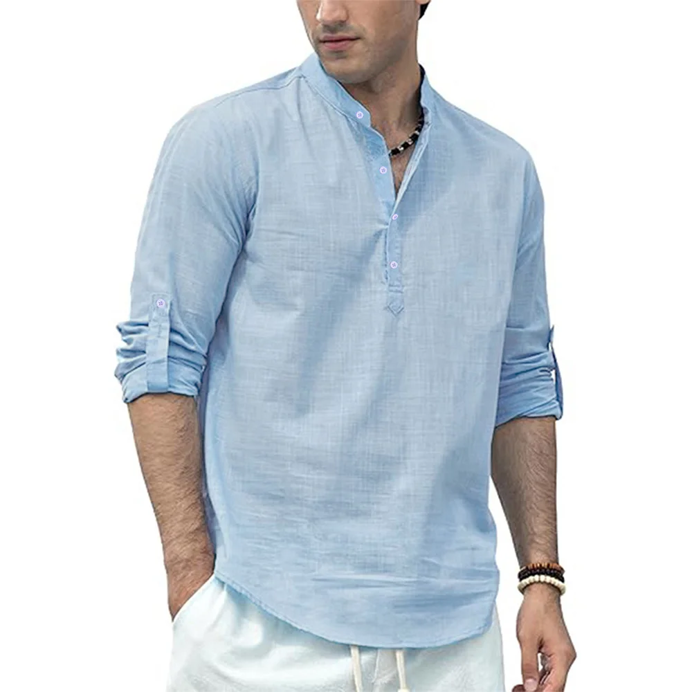 Men's Cotton Linen Long Sleeve Polo Shirt Lightweight Henley Neck Hawaiian Beach Style Solid Color Tops Vacation T-shirt