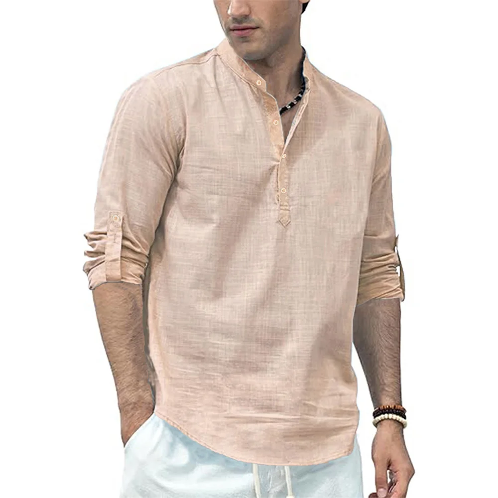 Men's Cotton Linen Long Sleeve Polo Shirt Lightweight Henley Neck Hawaiian Beach Style Solid Color Tops Vacation T-shirt