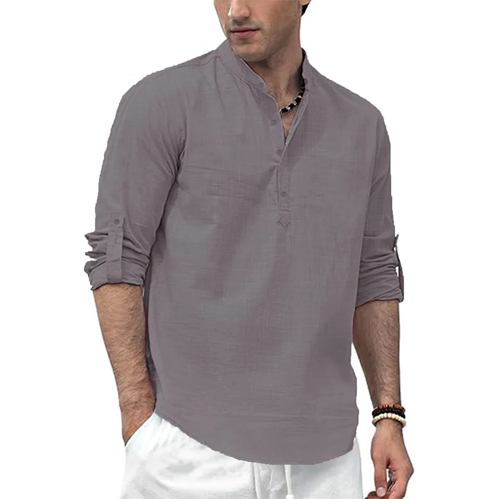 Men's Cotton Linen Long Sleeve Polo Shirt Lightweight Henley Neck Hawaiian Beach Style Solid Color Tops Vacation T-shirt
