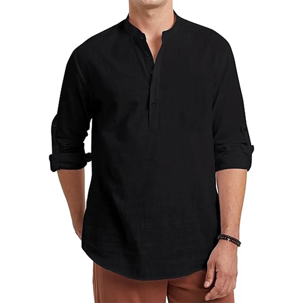 Men's Cotton Linen Long Sleeve Polo Shirt Lightweight Henley Neck Hawaiian Beach Style Solid Color Tops Vacation T-shirt