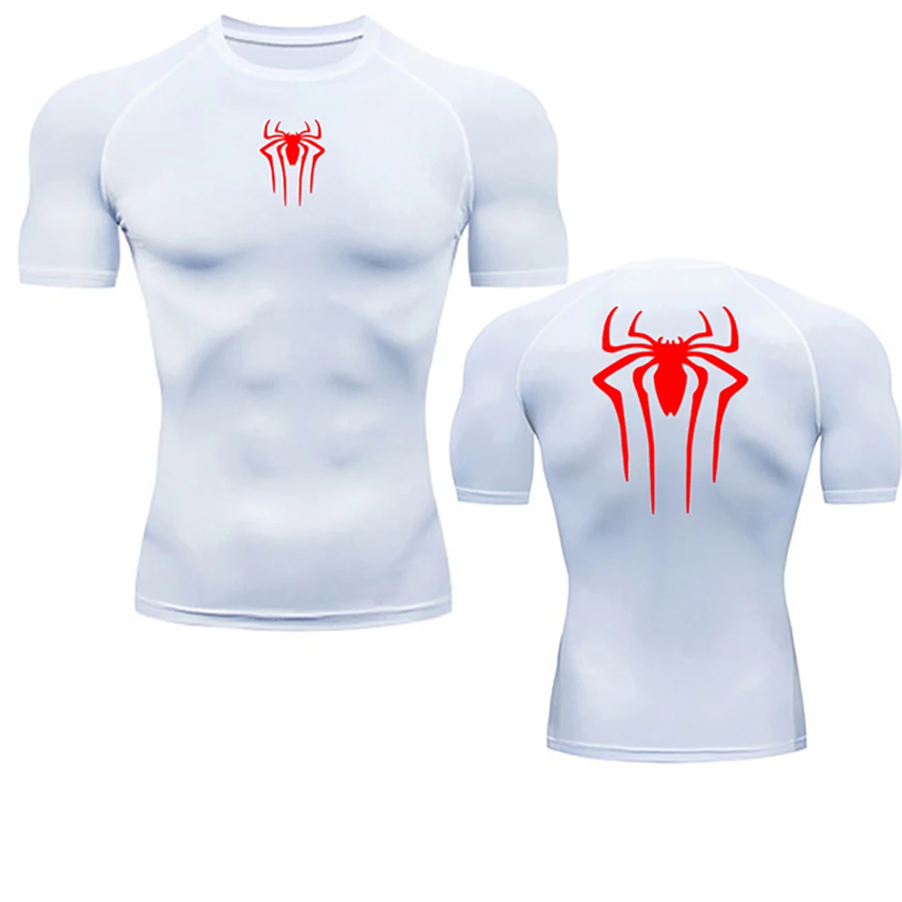 Summer Men's Fitness Quick Dry T Shirts Spider Print Athletic Compression Shirts Breathable Casual Short Sleeve Tight Tees Y2K