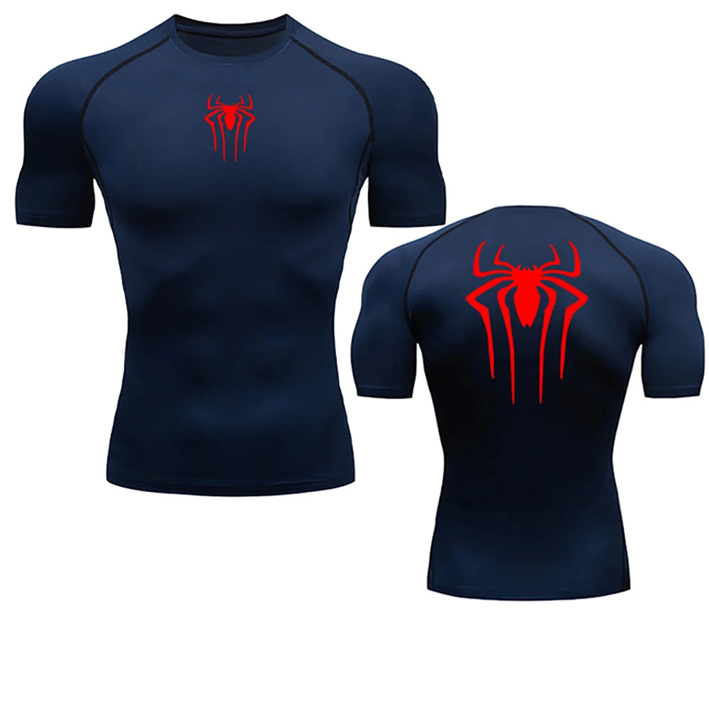 Summer Men's Fitness Quick Dry T Shirts Spider Print Athletic Compression Shirts Breathable Casual Short Sleeve Tight Tees Y2K