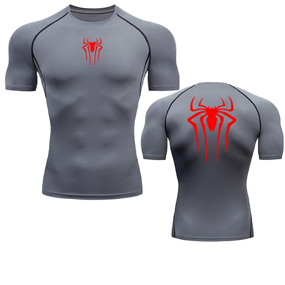 Summer Men's Fitness Quick Dry T Shirts Spider Print Athletic Compression Shirts Breathable Casual Short Sleeve Tight Tees Y2K