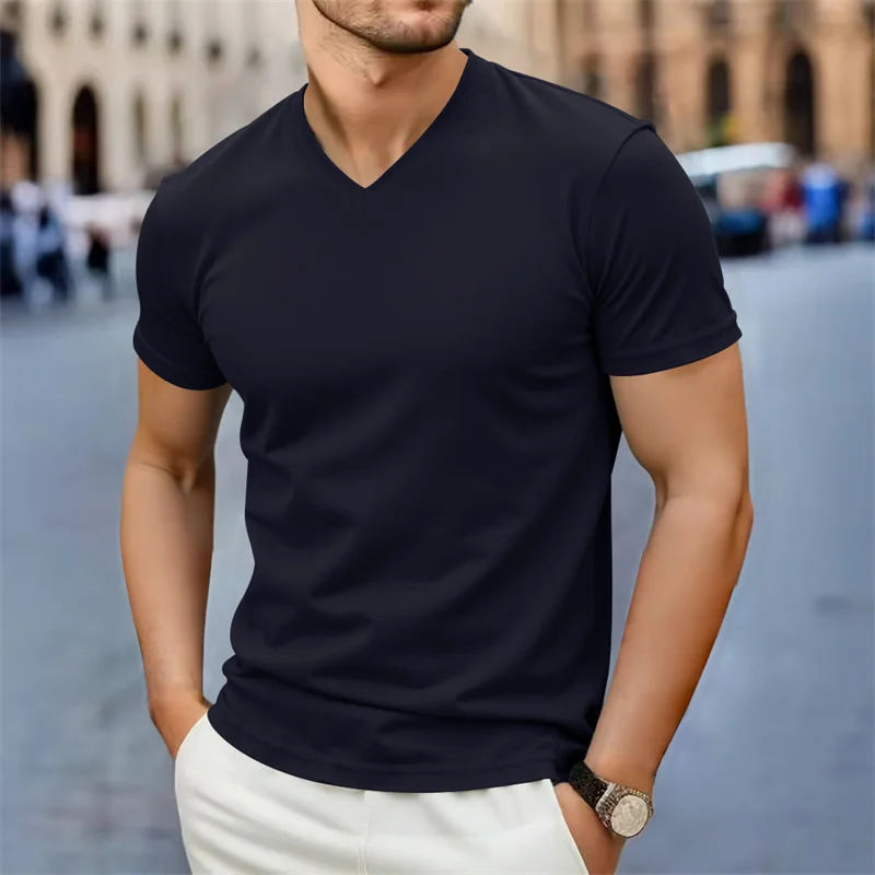 2026 New Men's Casual Fashion Simple V-neck Short Sleeved T-shirt Summer Comfortable Breathable Versatile Top