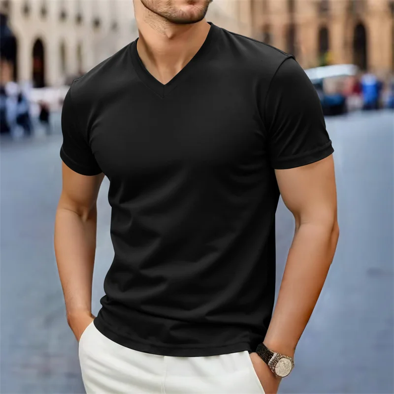 2026 New Men's Casual Fashion Simple V-neck Short Sleeved T-shirt Summer Comfortable Breathable Versatile Top