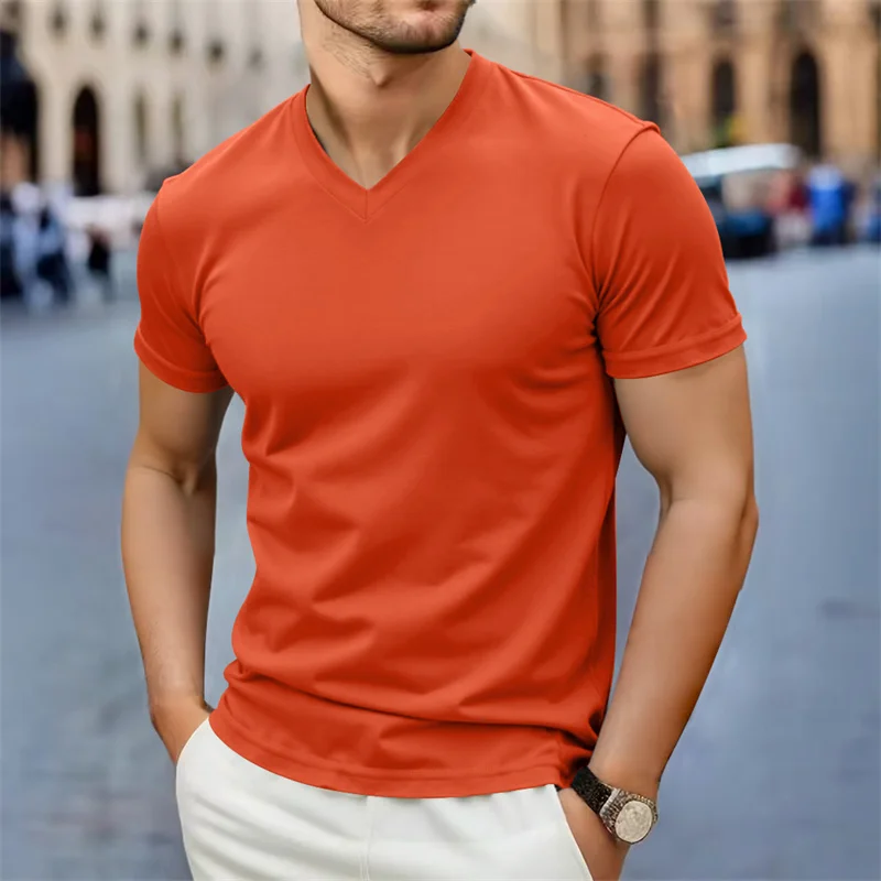 2026 New Men's Casual Fashion Simple V-neck Short Sleeved T-shirt Summer Comfortable Breathable Versatile Top