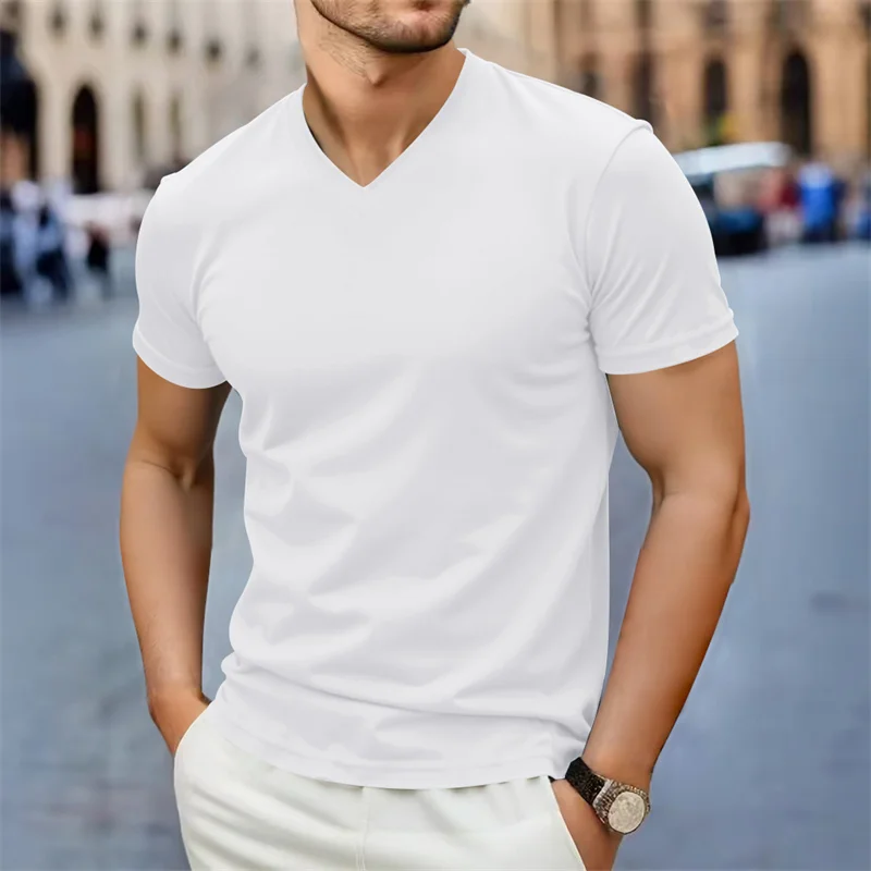 2026 New Men's Casual Fashion Simple V-neck Short Sleeved T-shirt Summer Comfortable Breathable Versatile Top