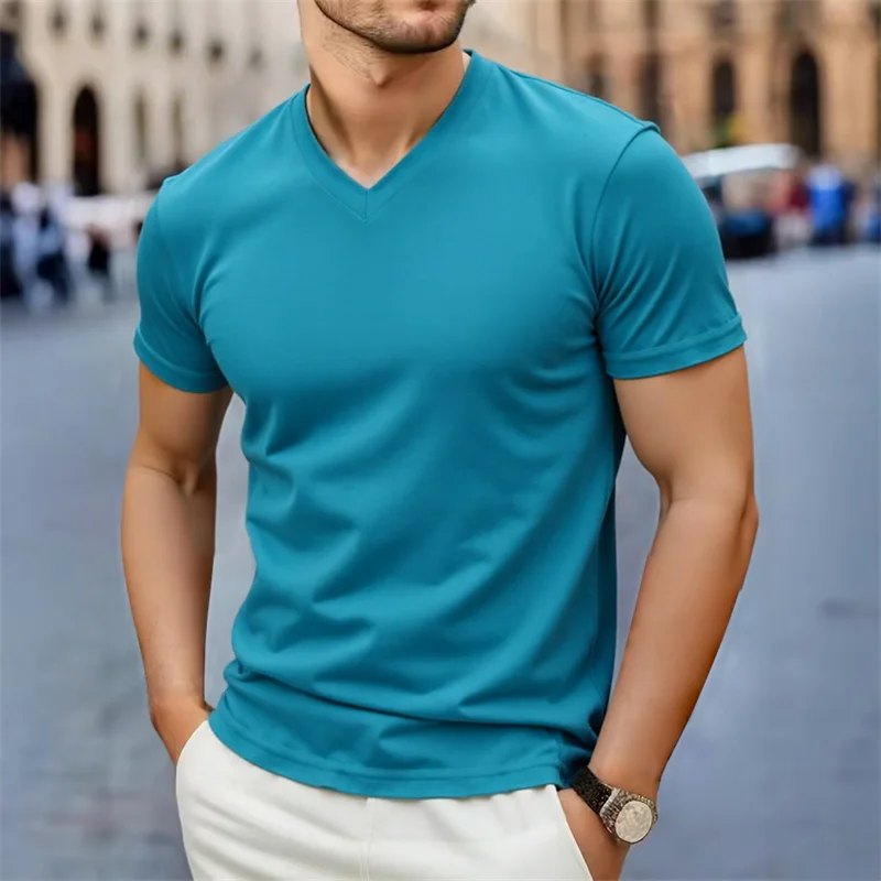 2026 New Men's Casual Fashion Simple V-neck Short Sleeved T-shirt Summer Comfortable Breathable Versatile Top