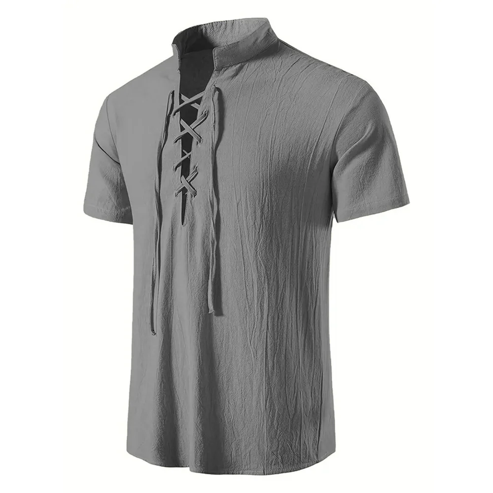 Men's Retro Shirt Short Sleeve Cotton Linen Lightweight Breathable Solid Color Fashion Tops Pirate V-neck Male Stylish Shirs