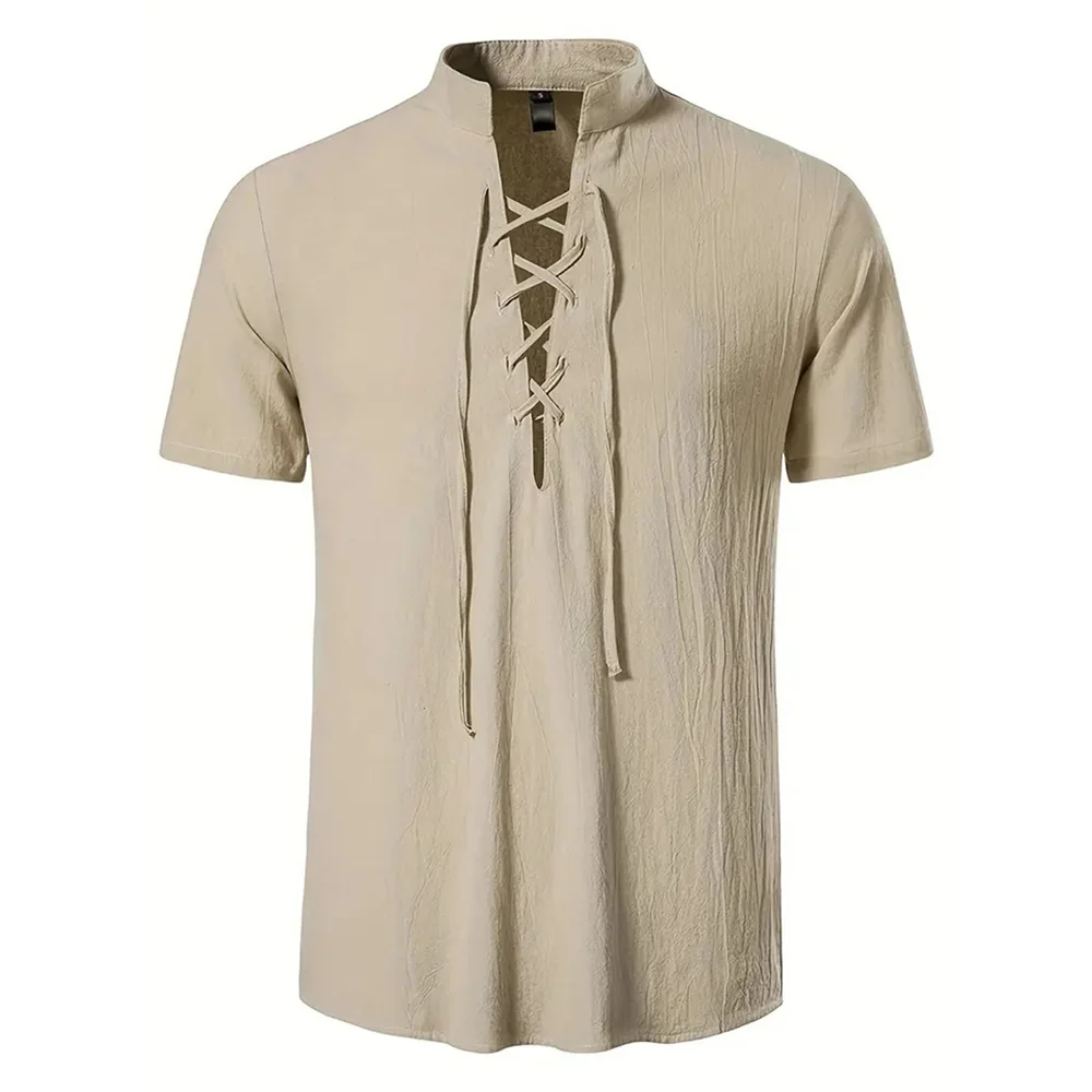 Men's Retro Shirt Short Sleeve Cotton Linen Lightweight Breathable Solid Color Fashion Tops Pirate V-neck Male Stylish Shirs