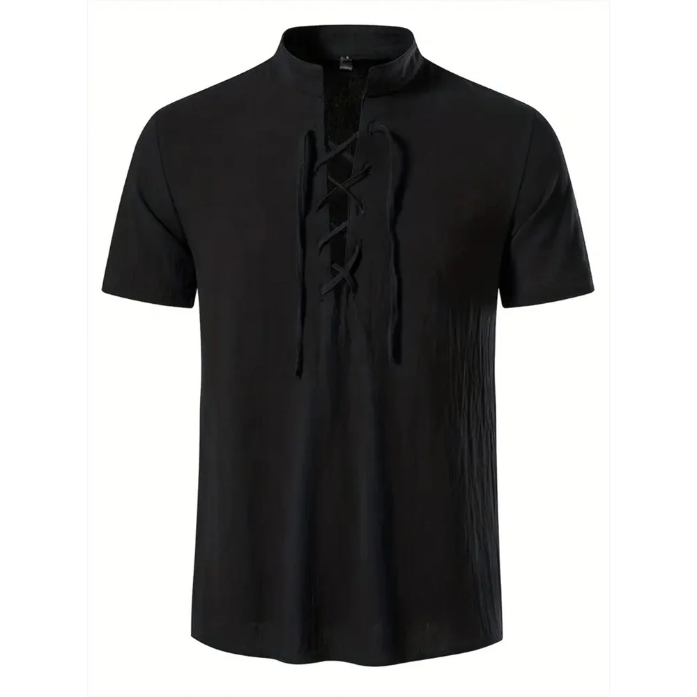 Men's Retro Shirt Short Sleeve Cotton Linen Lightweight Breathable Solid Color Fashion Tops Pirate V-neck Male Stylish Shirs