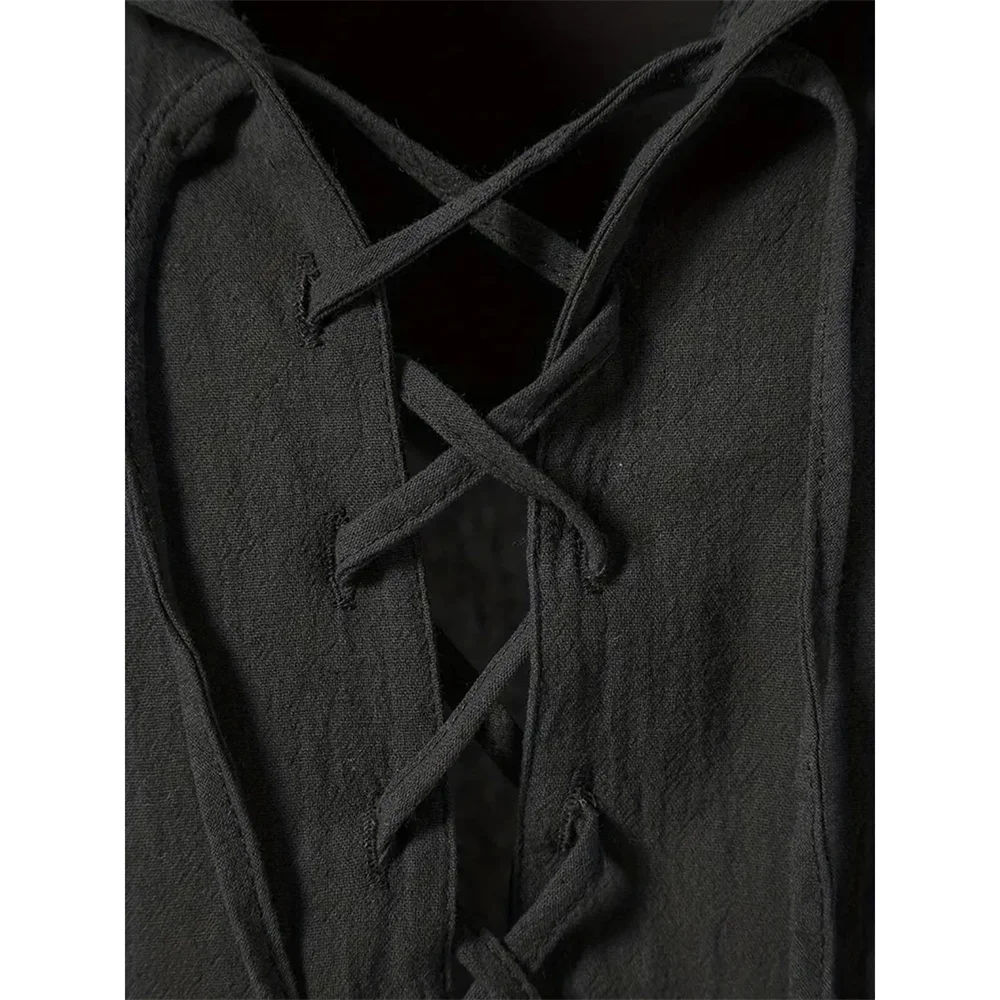 Men's Retro Shirt Short Sleeve Cotton Linen Lightweight Breathable Solid Color Fashion Tops Pirate V-neck Male Stylish Shirs