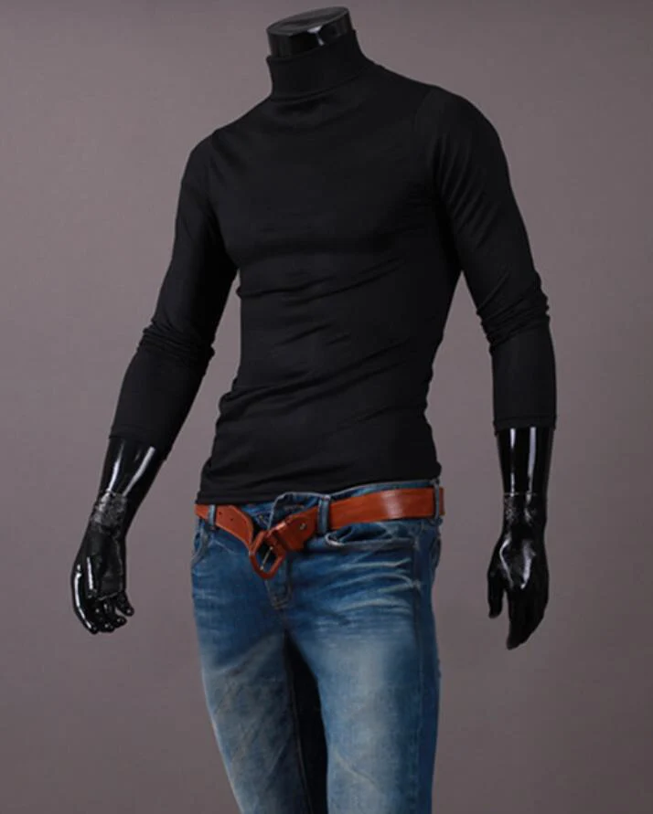 Fashion Men's Casual Slim Fit Basic Turtleneck High Collar Pullover Male Autumn Spring Thin Tops Basic Bottoming Plain T-shirt