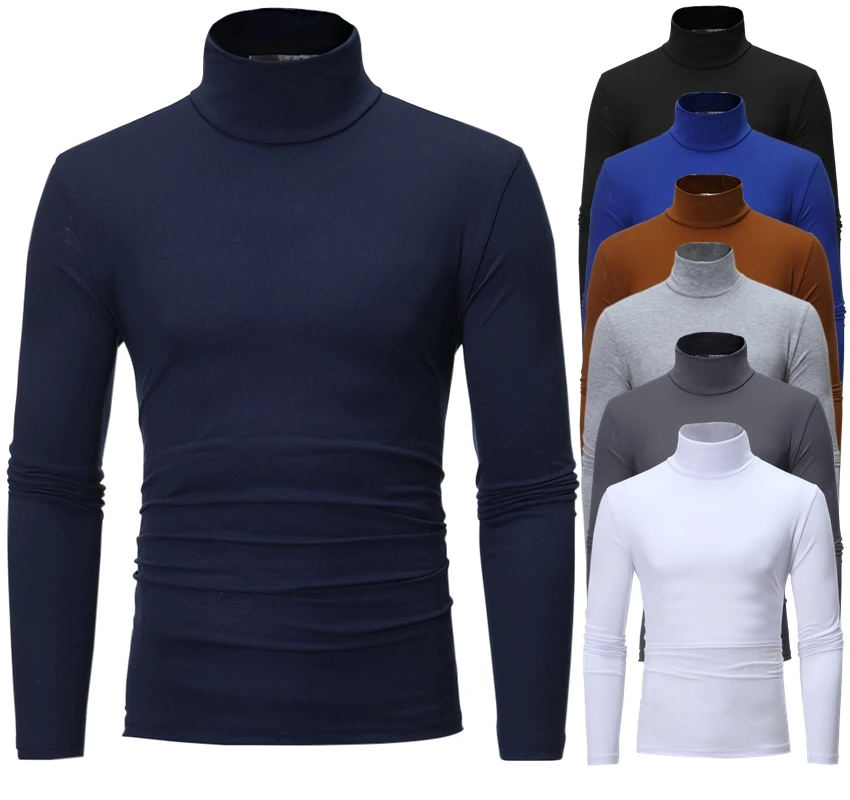 Fashion Men's Casual Slim Fit Basic Turtleneck High Collar Pullover Male Autumn Spring Thin Tops Basic Bottoming Plain T-shirt