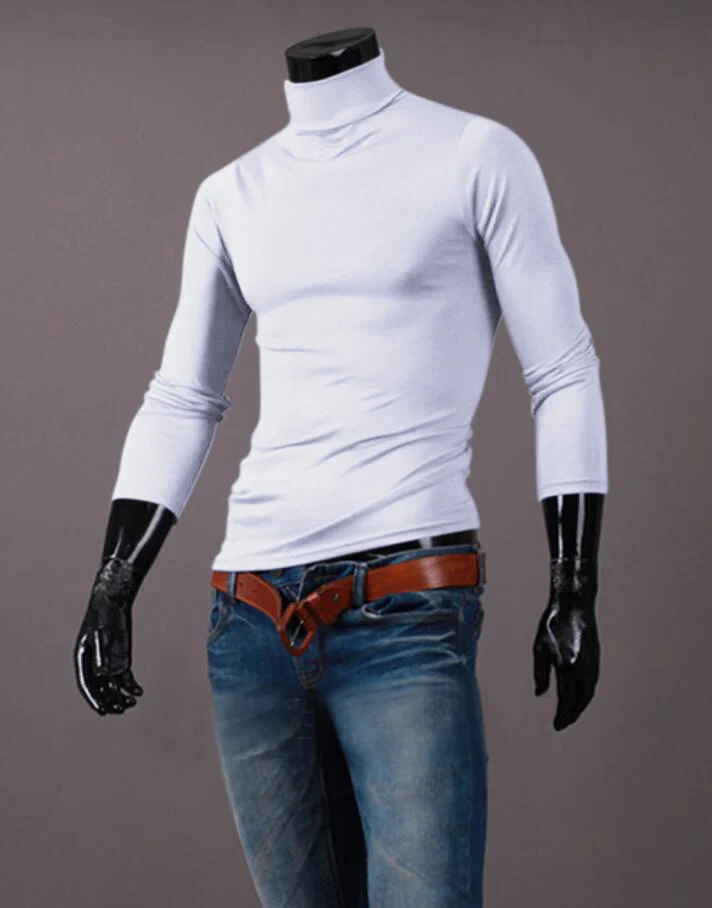 Fashion Men's Casual Slim Fit Basic Turtleneck High Collar Pullover Male Autumn Spring Thin Tops Basic Bottoming Plain T-shirt