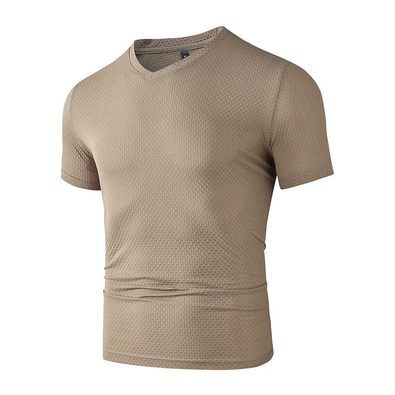 Fashion Men's Business Casual Ice Silk T-Shirt V Neck Short Sleeve Khaki Daily Work Wear