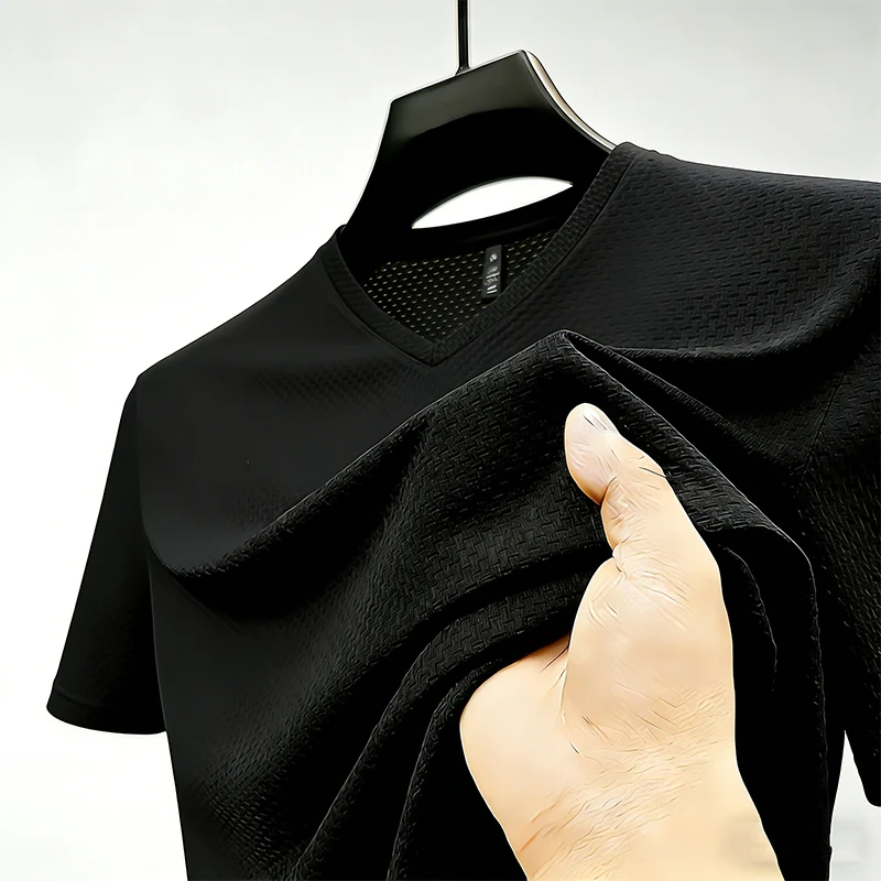 Fashion Men's Business Casual Ice Silk T-Shirt V Neck Short Sleeve Khaki Daily Work Wear