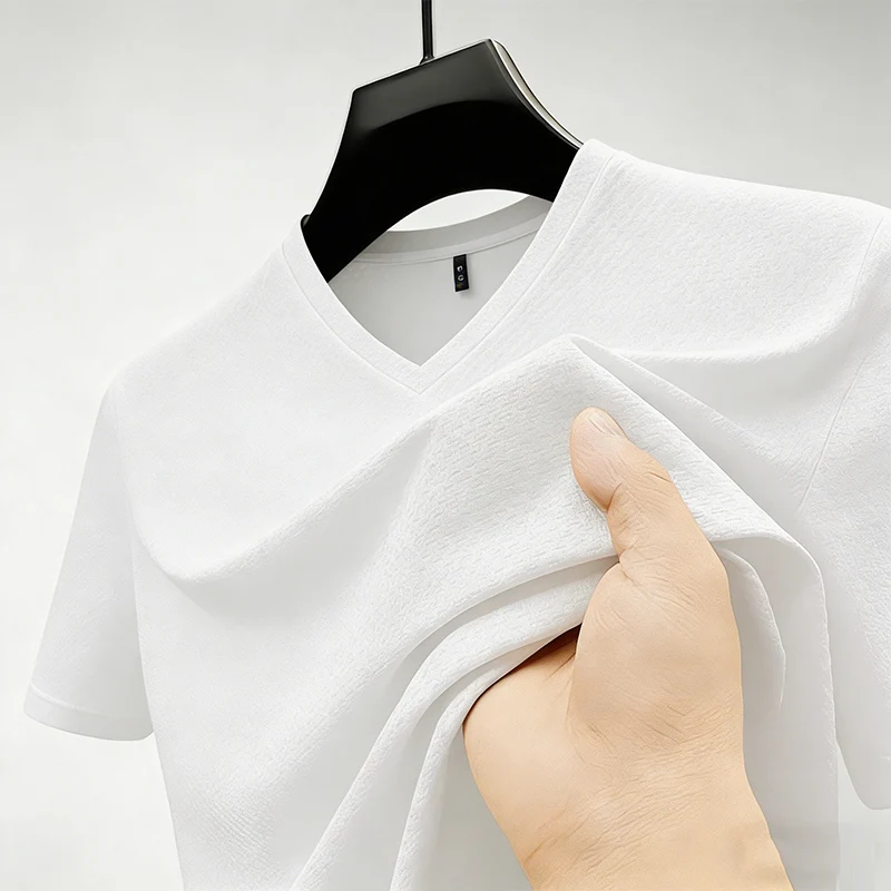 Fashion Men's Business Casual Ice Silk T-Shirt V Neck Short Sleeve Khaki Daily Work Wear