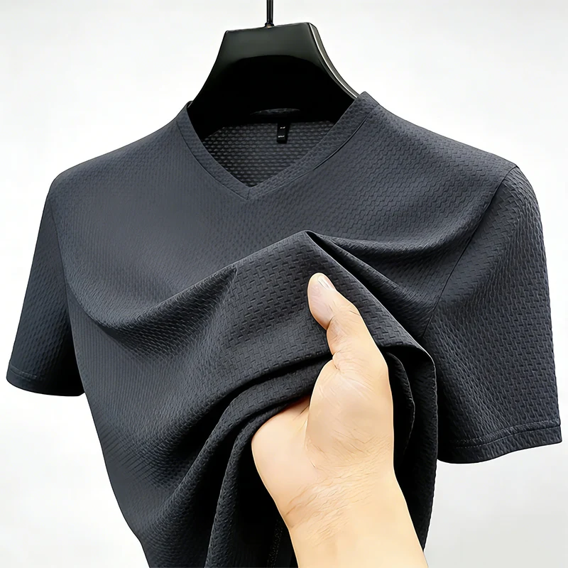 Fashion Men's Business Casual Ice Silk T-Shirt V Neck Short Sleeve Khaki Daily Work Wear