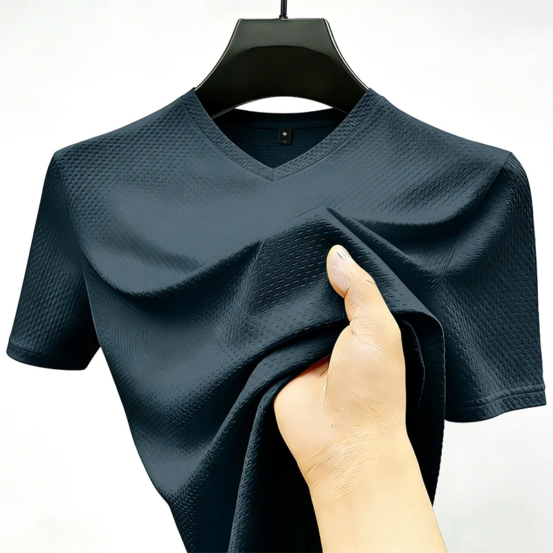 Fashion Men's Business Casual Ice Silk T-Shirt V Neck Short Sleeve Khaki Daily Work Wear