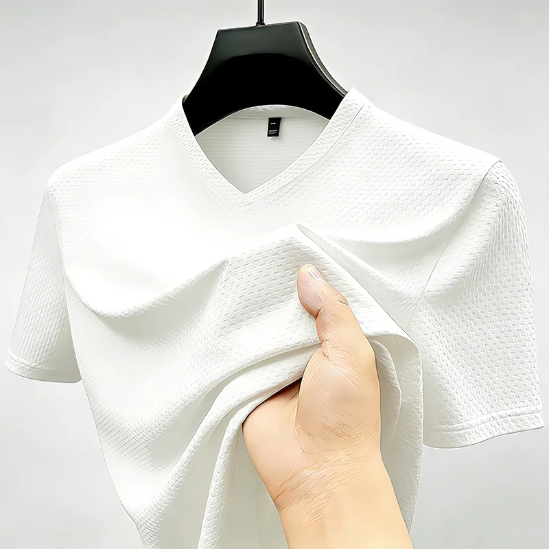Fashion Men's Business Casual Ice Silk T-Shirt V Neck Short Sleeve Khaki Daily Work Wear